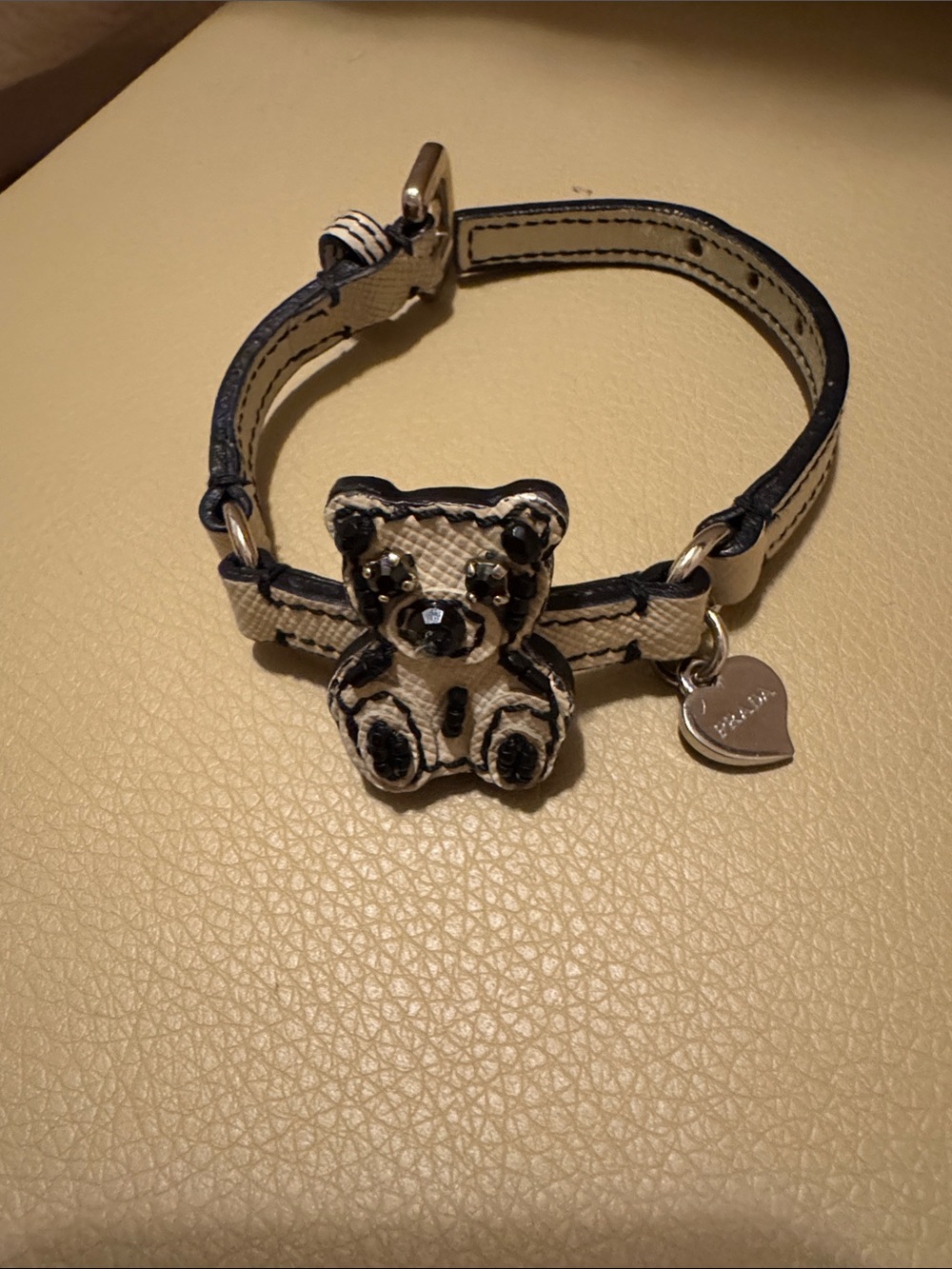 AUTHENTIC Vintage PRADA Beige and Black Buckle Bracelet with Teddy Charm